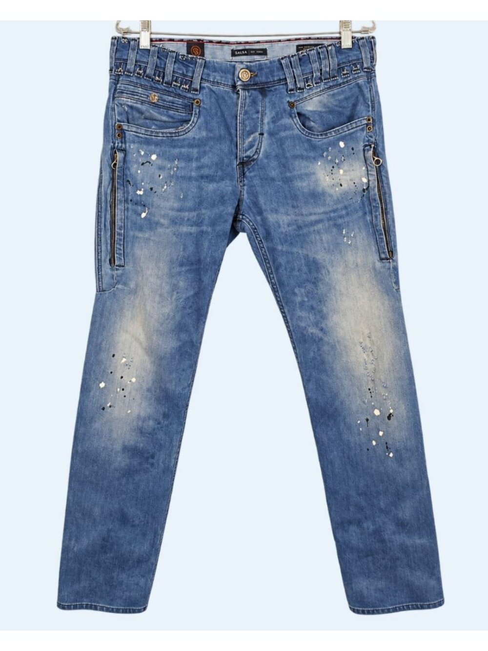 Salsa Jeans Mens 33x34 Blue Distressed Paint Splatter Slim Fit Denim Button Fly